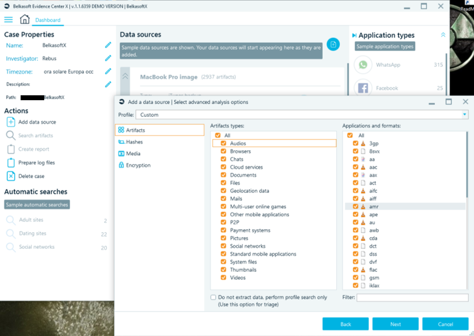 Belkasoft Evidence Center X - Selezione artefatti