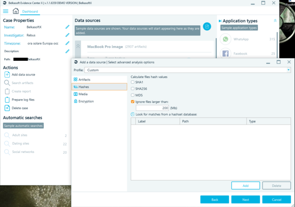 Belkasoft Evidence Center X - Gestione hashset