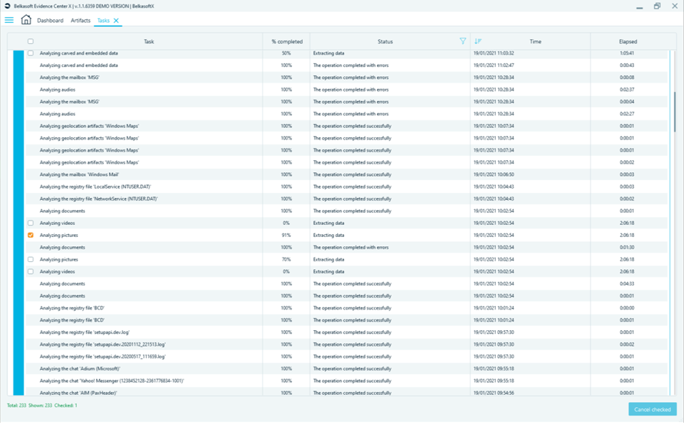 Belkasoft Evidence Center X - Task manager